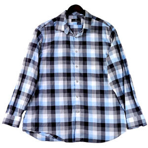 Hart Schaffner Marx Men's Shirt Long Sleeve Blue Grey Black Plaid 100% Cotton XL